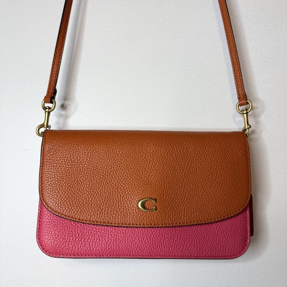 Hayden Crossbody Bag In Colorblock Brass/Watermelon Pink & Brown Pebbled Leather - Picture 1 of 9